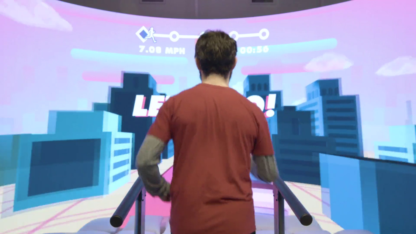 Video game on LED screen controlled by a treadmill